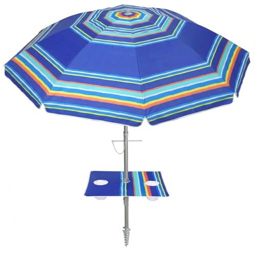PASAMIC 7ft Beach Umbrella for Sand Featuring a 23'' Built-in Table with Sand Anchor & Tilt, UPF 50+ Protection Beach Umbrella for Heavy Duty Wind with Bag and Hook, Dark Blue Stripes（Random pattern） - color: Dark Blue Stripes, size: 7FT with Table