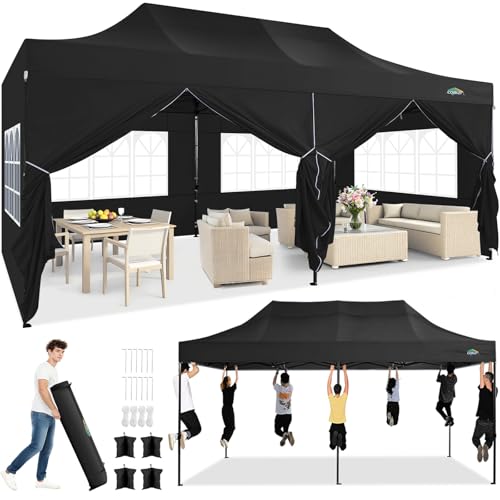 COBIZI 10x20 Heavy Duty Pop Up Canopy Tent with 6 Sidewalls Thicken Frame, Commercial Easy Up Outdoor Wedding Party Tents, All Season Waterproof Windproof with Stakes Sandbags Ropes Roller Bag, Black - color: Black, size: 10x20