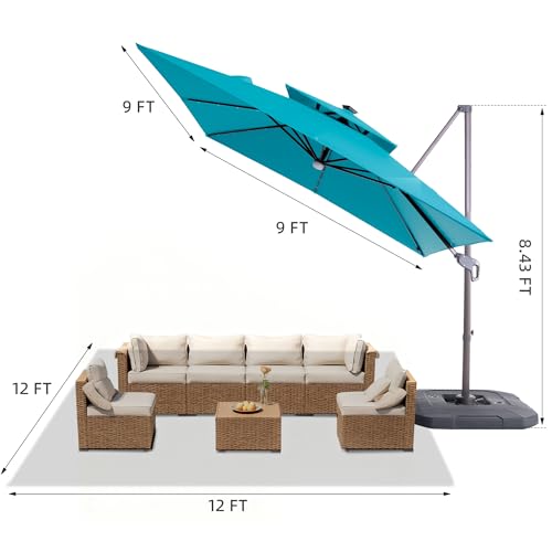 JZAC & QZYD 9x9 FT Outdoor Cantilever Patio Umbrella with Base Included and Solar LED Lights, Large Heavy Duty 2-Tier Square Aluminum Offset Umbrellas with 360-Degree Rotation for Pool Deck, Turquoise - color: Turquoise, size: 9'×9' - Weighted Base Includ