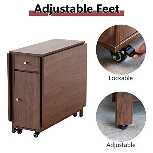 COMUHOME Extendable Drop Leaf Foldable Dining Table with 2 Drawers and 4 Wheels for Living Room Kitchen Farmhouse Space Saving Table in Walnut - color: Walnut