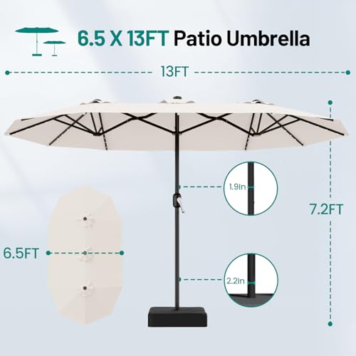 AreShark 13 FT Patio Umbrella with Solar Lights, Double-Sided Outdoor Table Umbrellas with Crank, Large Rectangular Market Umbrella for Porch, Lawn, Pool, Backyard, Cream-White - color: Cream-White, size: 6.5x13 Ft