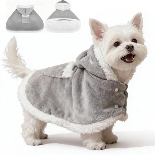 EXPAWLORER Dog Winter Coat with Hat - Fleece Flannel Warm Pet Cloak Cape Blanket with Hood for Cold Weather, Windproof Thicken Dog Sweater Jacket Clothes Vest for Small Medium Large Dogs Cats Grey L - color: Grey, size: Large