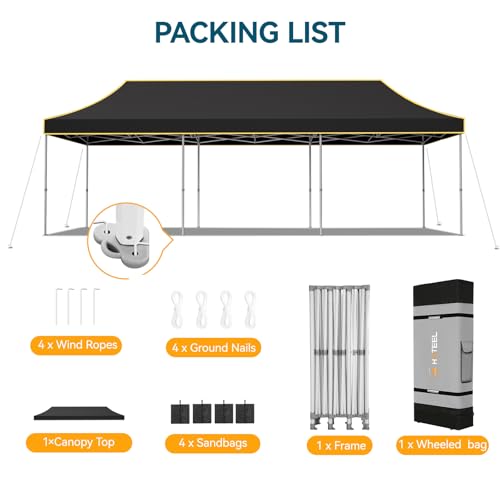 Hoteel 10x30 Pop Up Canopy Tent Heavy Duty Without Sidewalls, Waterproof Party Tent, Easy Set-up Commercial Instant Tents with Roller Bag & Sandbags, Hexagonal Leg (1-Year Warranty) - color: Black, size: 10×30 （no Walls）