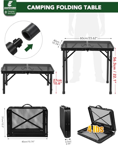 2Ft Small Folding Table with Carry Handle, Camping Table Adjustable Height 10.6–22 in, Black Metal Mesh, Portable & Compact for Outdoor/Indoor,Grill Table, 23.6×15.8 in, 4 lb, 66 lb Capacity - color: Black, size: Small 2Ft - 23.6"L x 15.8"W x 10.6"/22"H