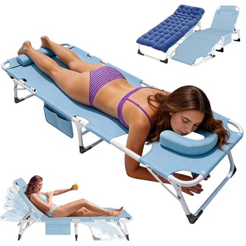 ABORON 4-in-1 Lounge Chair with Face & Arm Holes for Tanning, 440LB Heavy-Duty Folding Recliner with Plush Cotton Cushion, No Assembly Tri-Fold Guest Bed for Sunbathing, Poolside, Office Nap & Camping - color: Azure Seablue