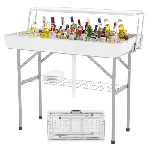 LHBcraft Outdoor Ice Cooler Folding Table with Extra Storage Shelf,Ice Tables for Parties with Drain,Cooler Server for Camping, Picnic, Wedding, BBQ (White) - color: 2 Tier-white Ivory