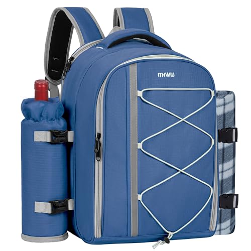Picnic Backpack for 4 Persons with Insulated Leakproof Cooler Compartment, Cutlery Sets, Wine Holder, Fleece Blanket, Wedding Gifts for Couples, Perfect for Beach, Camping, Hiking, Blue - color: Blue