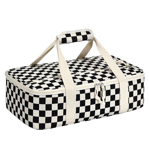 Corduroy Casserole Carrier, Insulated Lasagna Lugger for Hot/Cold Food, Fits 9" x 13" Baking Dish, Thermal Lunch Tote for Potluck & Picnic -Corduroy Black Checkered - color: Corduroy Black Checkered, size: 16x10x4 in