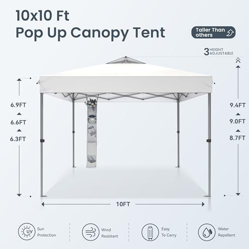 PHI VILLA 10x10 Pop Up Canopy Tent - One Push Setup, Instant Shade Tent with Vented Roof for Beach & Events - Includes Storage Bag, Sandbags, Stakes & Ropes (White) - color: White, size: 10×10 one push
