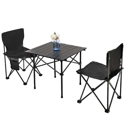 Camping Table Folding Portable Camp Table with 2 Chairs, Folding Picnic Table with Carry Bag Indoor Outdoor for Camping, Beach, Patio, RV, Backyard BBQ, Sturdy, Stable, Easy to Carry, Black - size: 22*22*19.5inch + 2 chair