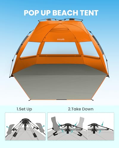 OutdoorMaster Beach Tent Sun Shelter for 3-4 Person, Pop Up Beach Tent Easy Setup with Sandbags, Portable Sun Shade Canopy with Carrying Bag for Beach & Outdoor, UPF50+ UV Protection, Family Size - color: Orange, size: X-Large