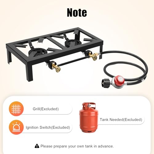 Portable Double Burner Propane Camp Stove, Cast Iron Outdoor Gas Cooker with 0–10 PSI Adjustable Regulator & Hose, 2 Burner Tabletop Stove for Camping, Tailgating, Patio Cooking