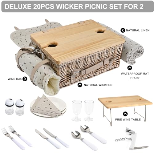 Multifunctional Wicker Picnic Basket Set for 2 with Blanket and Picnic Table, Insulated Picnic Set with Full Tablewares for Camping Outdoor Couples,Cherry - color: Cherry With Blanket &Table for 2