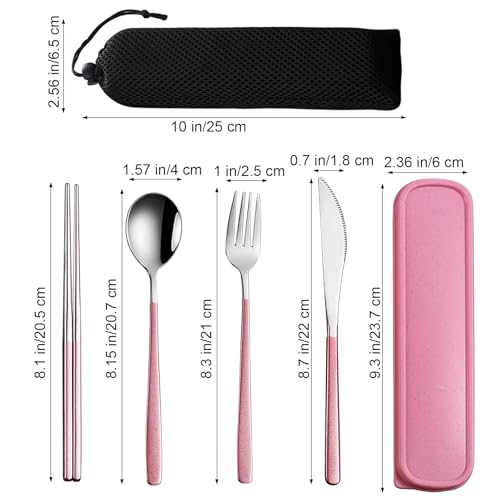 VANRA 4-Piece Portable Travel Utensils Set with Case 18/8 Stainless Steel Flatware Set Reusable Cutlery Set with Fork Spoon Knife Chopstick for Lunch Travel Camping School Work Picnic (Pink) - color: Pink, size: Fork Spoon Knife Chopstick