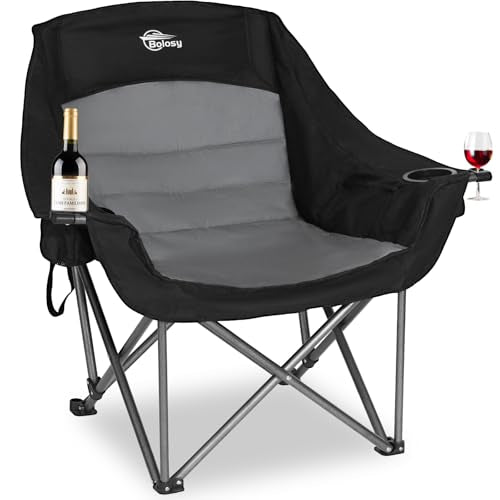 Bolosy Oversized XL Camping Chairs for Adults Heavy Duty Support 500 lbs Outdoor Folding Chairs Padded Portable Lawn Chairs Camp Chairs with Cup Holder - color: Black & Grey Plus Size, size: Single Pack