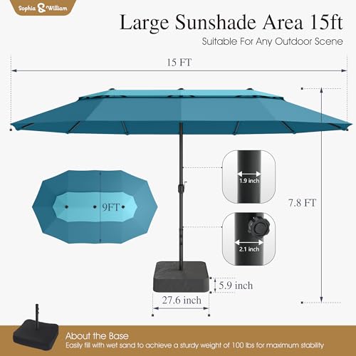 Sophia & William 15ft Extra Large Patio Umbrella with Base Included, 2-Tier Double-Sided Rectangle Outdoor Umbrella with Stand, Market Umbrella for Pool Garden Backyard, Blue & Cerulean - color: Blue&Cerulean 2-Tier