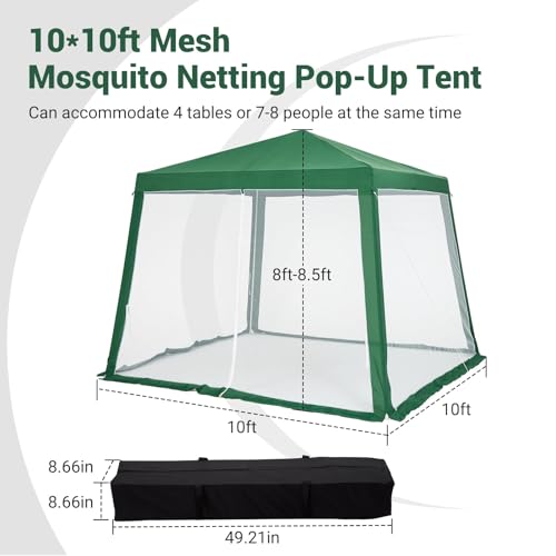 10x10 ft Pop-Up Canopy Tent with Mesh Mosquito Netting Sidewalls, Waterproof UV-Block Outdoor Screen Shelter for Camping, Picnic, Garden, Backyard Events - color: Green, size: 10x10ft