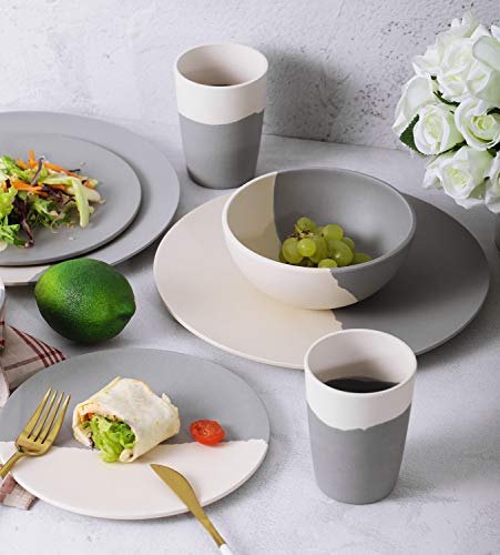 MORGIANA 8 pcs Bamboo Dinnerware Set Reusable Plates Bowls Sets, Camping Picnic Dishes Tableware Set for 2 (Grey & White) - color: Grey & White