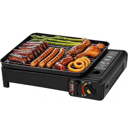 Portable Butane Stove - Compact Gas Grill Stove with Detachable Grate + Durable Carry Case | Dual Fuel Tabletop BBQ for Camping, Korean BBQ, Tailgating | Fast Stainless Steel Outdoor Cooker