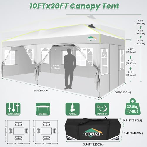 COBIZI 10x20 Pop Up Canopy Tent with 6 Removable Sidewalls, One Push Party Tent Outdoor Waterproof Event Canopy with Air Vent for Parties Commercial Wedding, 3 Height, Carry Bag, Sandbag, White - color: White, size: 10x20【with 6 sidewalls】