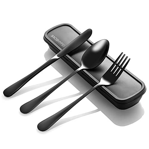 Portable Utensils Set with Case, 4pcs Stainless Steel Reusable Silverware for Lunch Camping School Picnic Workplace Travel, Lunch Box Includ Fork Spoon Knife,Easy to clean,Dishwasher Safe(Black) - color: Black1