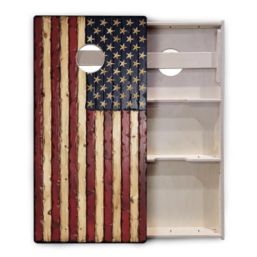 Cornhole Solutions PRO Tournament Cornhole Bundle – Regulation 4 ft x 2 ft Professional Set – ¾″ Baltic Birch Plywood – Folding Legs – UV Printed & Clear Coated – Made in USA - color: Carved Rustic Flag