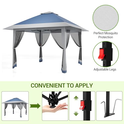 13X13 Pop Up Gazebo,Outdoor Canopy Tent with Mosquito Netting, Double Vented Roof Sun Shelter with Adjustable Heights,Outdoor Gazebo for Backyard & Patio Furniture.（Navy Blue-Four Sides gazebos） - color: Navy blue + heather gray