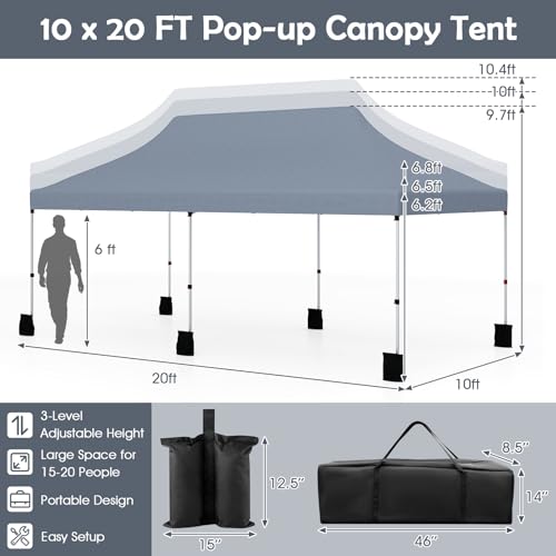 Tangkula 10x20 Ft Pop Up Canopy, Instant Setup Outdoor Tent with 6 Sand Bags, 12 Stakes & 6 Ropes, UPF 50+ Portable Canopy Tent with Carrying Bag for Camp, Beach, Patio (Grey) - color: Gray, size: 10x20 Ft