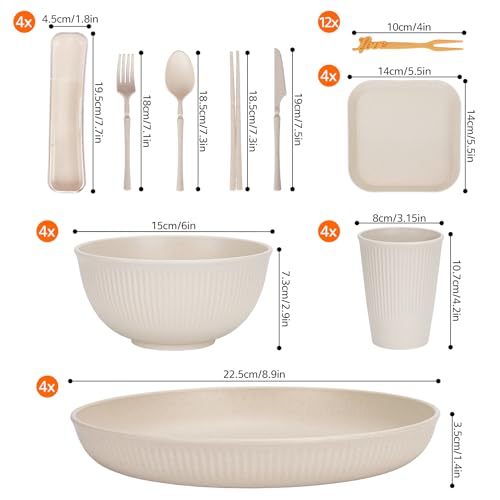48 Pcs Dinnerware Sets, Unbreakable Plates and Bowls Sets, Reusable Dinnerware Sets for 4 People, Travel Camping Picnic Home Party Cutlery Set, Dishwasher Microwave Safe Dishes - color: 48pcs Beige, style: 48PCS