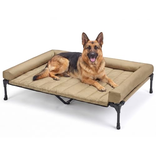 Veehoo Cooling Elevated Dog Bed Add Removable Waterproof Bolster Cushion Mat, Raised Pet Cot with Breathable Teslin Mesh, No-Slip Feet, Dog Couch Bed for Indoor Outdoor, 53 inches, Beige Coffee - color: Beige Coffee, size: 53.0"L x 37.5"W x 9.0"Th