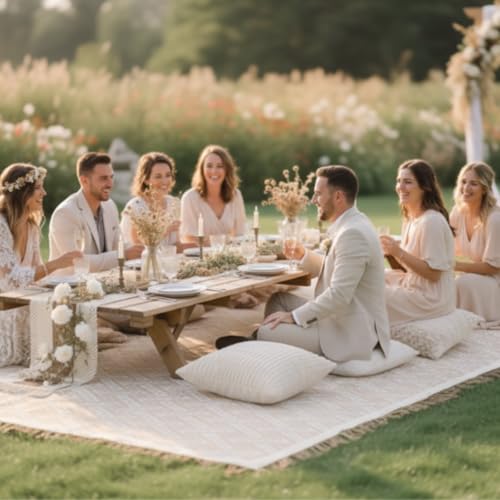 Beeveer Extra Large Outdoor Boho Picnic Blanket 91'' x 71'' Beige White Table Runner 6 Throw Pillow Cover Woven Cotton Yarn Oversize Beach Blanket Washable for Picnic Camp Wedding - color: Beige White, size: Fit 4-6 People 91'' X 71''