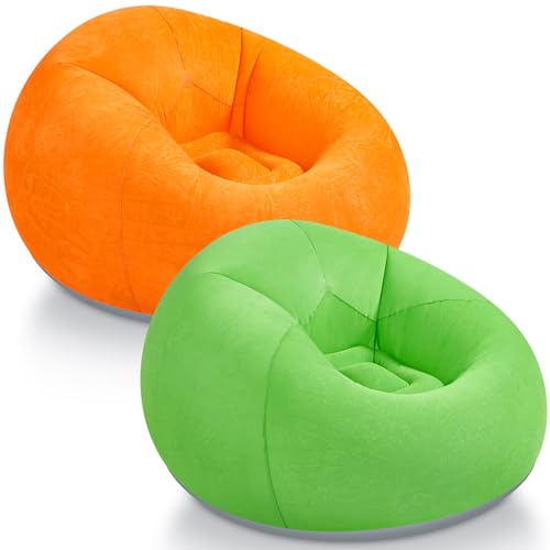 Realspring Inflatable Bean Bag Chairs Outdoor Blow up Camping Chairs Inflatable Lazy Sofa Folding Portable Bean Bag Loungers Couch for Movie Night(Orange, Green,2 Pcs) - color: Orange, Green