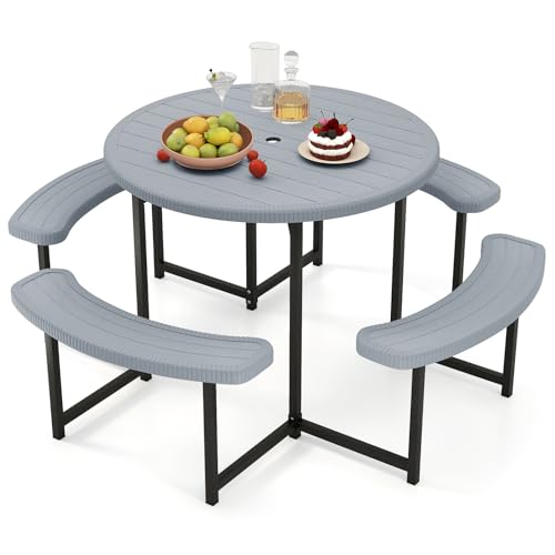 Byroce 8-Person Picnic Table for Outdoors, HDPE Picnic Table Set with 4 Benches, Umbrella Hole & Metal Frame, Heavy Duty Round Dining Table Chairs for BBQ Party in Patio, Yard & Poolside (Gray) - color: Grey