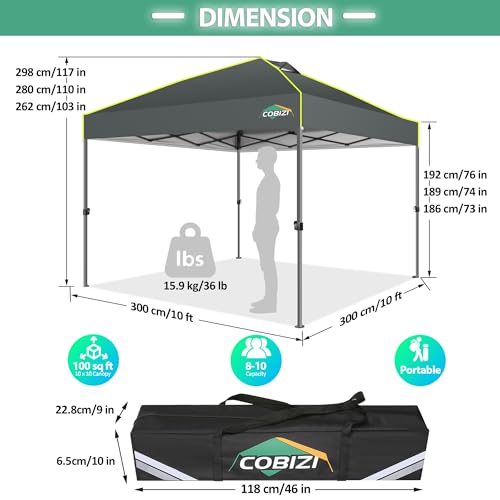 COBIZI Canopy 10x10 Pop Up Canopy Tent 1-Button Push Easy up Outdoor Canopy Instant Portable Commercial Shelter Waterproof UPF50+ Gazebo with Reflective Strip, Air Vent & 4 Sandbags,Grey - color: Grey(1-year warranty), size: 10x10ft With No Sidewalls