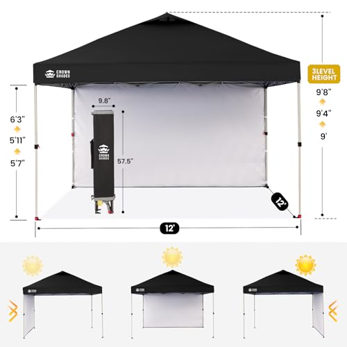 CROWN SHADES 12x12 Pop Up Canopy Tent Instant Commercial with 150D Silver Coated Fabric Including 1 Removable Sidewall, 4 Ropes, 8 Stakes, Weight Bags, STO 'N Go Bag, Black - color: Black, size: 12x12FT