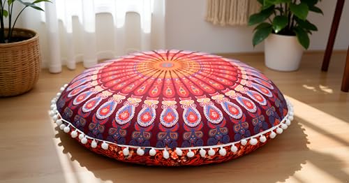 CRAFT KALA Round Mandala Boho Pillow Cover Meditation India Room Seating Poufs Cover for Living Room Yoga Room Home Décor Bedroom Balcony Garden Decoration Cotton Floor Cushion Cover 22" Maroon Mirchi - color: Maroon Mirchi, size: 22"