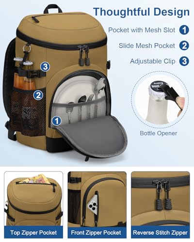 Pritent Cooler Backpack Insulated Waterproof,30/45 Cans Backpack Coolers Leakproof Lunch Backpack for Men Women Portable Soft Cooler Bag for Beach Camping Trave Picnic - color: Khai, size: 45 Cans