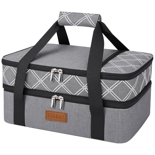 Vuudh Expandable Casserole Carrier Bag, Double Deckered Insulated Food Bag for 2 Dishes, Hot Cold Lasagna Holder Tote for Picnic, Potluck, Travel - color: Expandable-gery