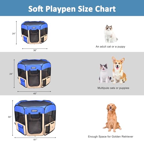JESPET Pet Dog Playpens 36", 45" & 61" Portable Soft Dog Exercise Pen Kennel with Carry Bag for Puppy Cats Kittens Rabbits, Indoor/Outdoor Use - color: Blue, style: 61x61x30 Inch (Pack of 1)