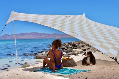 Neso Portable Beach Tent Sun Shelter - Lightweight Beach Shade Canopy - Easy Setup for Family Outings - Patented Reinforced Corners - UPF 50+ Sun Protection - color: Tan Checkers