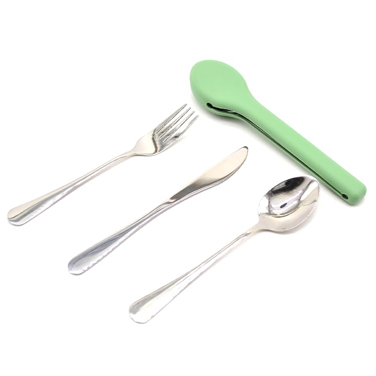 Portable Silverware Utensils Set with Silicon Case (Olive Green), 3 pcs Stainless Steel Cutlery Set (Fork Spoon Knife) For Camping School Picnic Office Travel - color: Olive Green