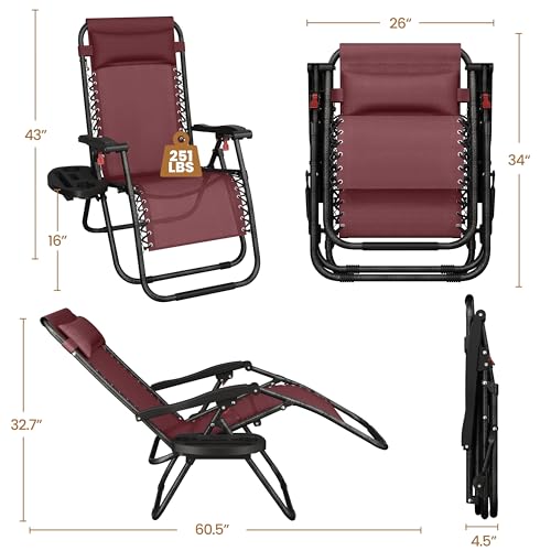 Yaheetech Zero Gravity Recliners Outdoor Adjustable Folding Reclining Lounge Chairs w/Pillows, Cup Holder Trays and Carry Strap for Patio Backyard Beach Burgundy Set of 2 - color: Burgundy