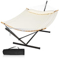 Outdoor Hammock with Stand Included, Two Person Hammock with Curved Spreader Bar, Pillow and Portable Bag, 450 Lbs Capacity, Beige - color: Beige
