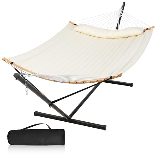 Outdoor Hammock with Stand Included, Two Person Hammock with Curved Spreader Bar, Pillow and Portable Bag, 450 Lbs Capacity, Beige - color: Beige