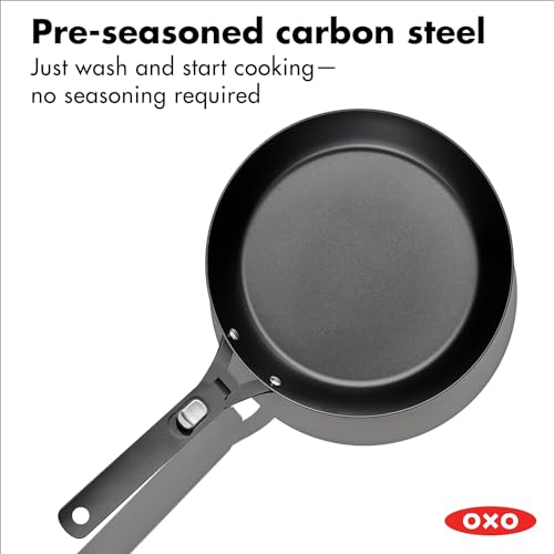 OXO Outdoor Pre-Seasoned Carbon Steel 10" Frying Pan Skillet, Detachable Handle for Easy Storage, Indoor Use, Nonstick with Use, Induction Suitable,Oven & Broiler Safe,Browning, Grill,Sear,Saute,Black - size: 10" Frying Pan Skillet Set