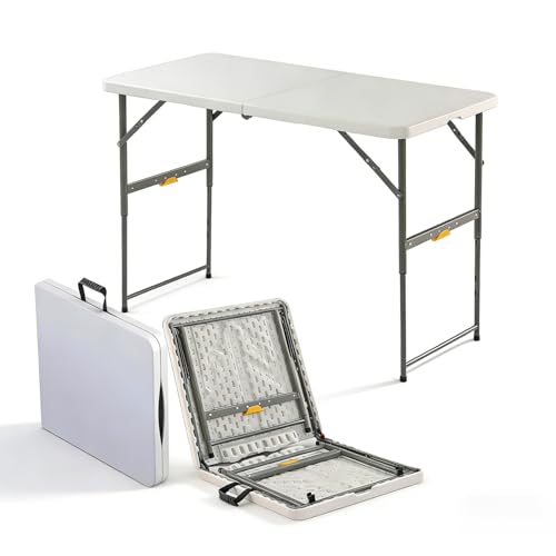 4FT Heavy Duty Folding Table, Fold-in-Half Portable Plastic Utility Table with Carry Handle & Adjustable Height Locking Legs, Indoor Outdoor Table for Watch Party, BBQ, Picnic, Camping, Events, Dining - color: White, size: 4FT