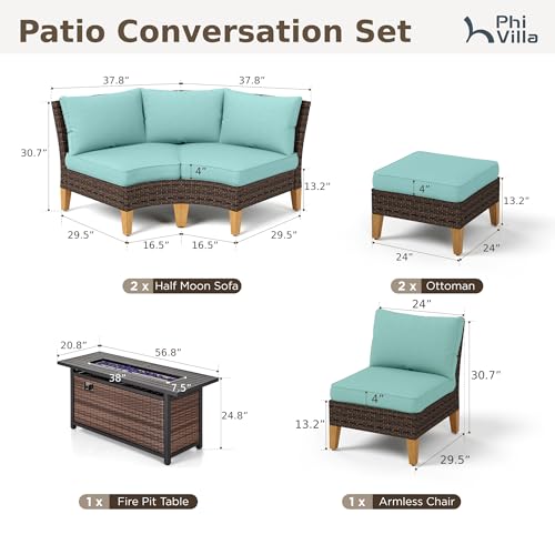 PHI VILLA 6-Piece Wicker Patio Furniture Set with Fire Pit Table, Outdoor Half-Moon Curved Sectional Sofa with Cushions, 56” Gas Fire Pit Table and Ottomans, Aqua Blue - color: Aqua Blue+fire Pit, size: 7 Seats - Curved