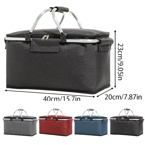 Large Picnic Basket, Insulated Beach Bag Cooler Reusable with Zippered Top & Handles Reusable Folding Grocery Basket Insulated Cooler Bag for Picnic Travel - color: Navy Blue