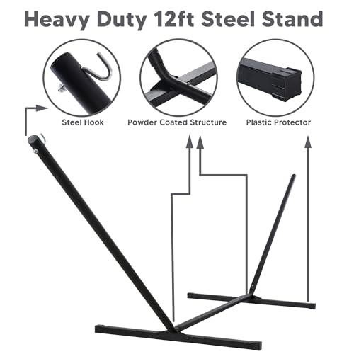 SUNCREAT Two Person Hammock with 12ft Stand Included, Max 475lbs Capacity, Heavy Duty Free Standing Hammock, Black Stripes - color: Black & White, size: 12 ft Stand