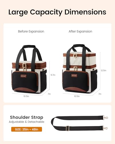 LOVEVOOK Insulated Lunch Bag For Women Men,Expandable Double Deck Lunch Box With Large Cup Holder,Leakproof Cooler Bag For Adult Lunch Tote Bag Work Picnic Beach with Adjustable Shoulder Strap Gift - color: Off White with Pink, size: Large —15l